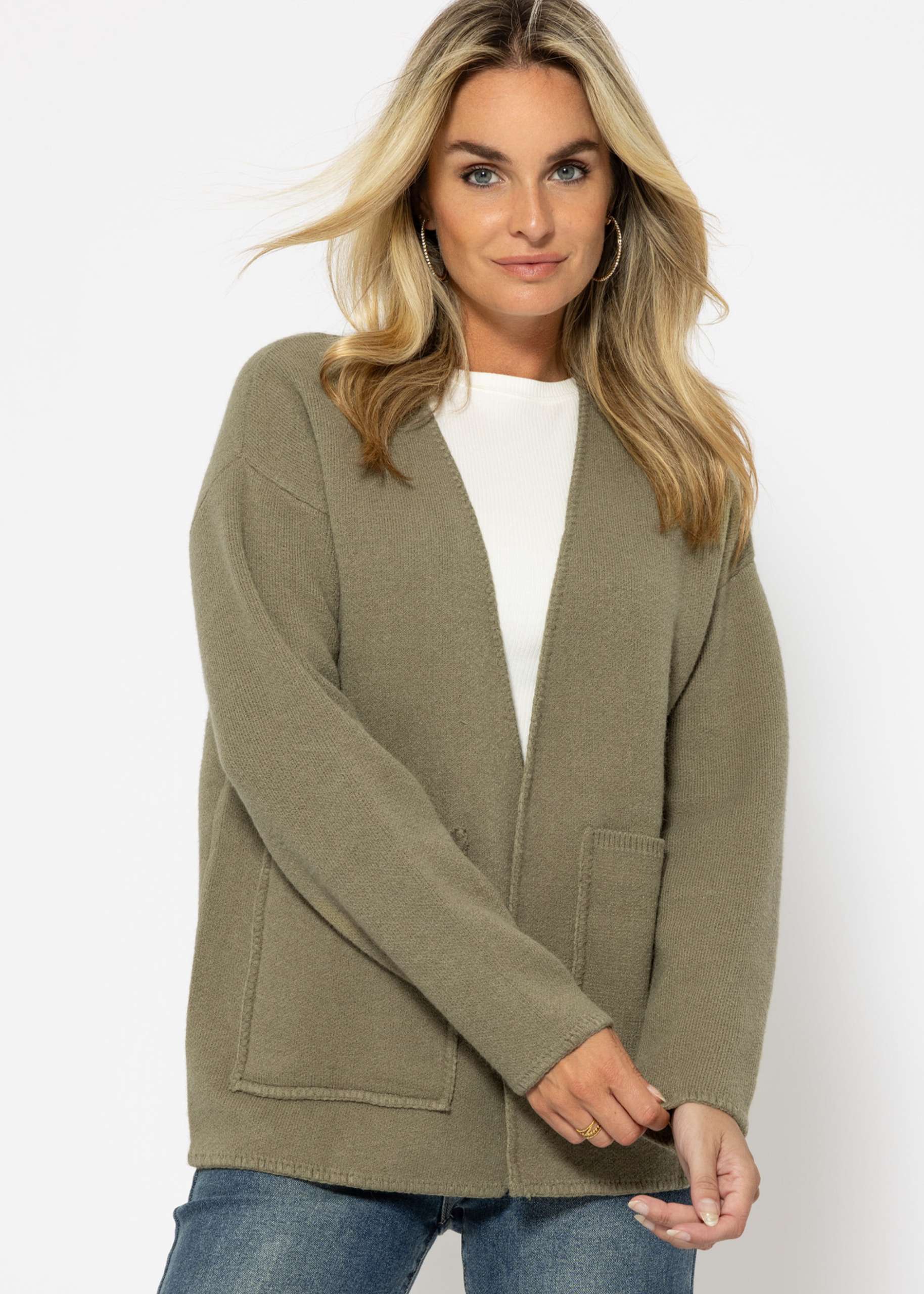 Open cardigan with patch pockets - khaki