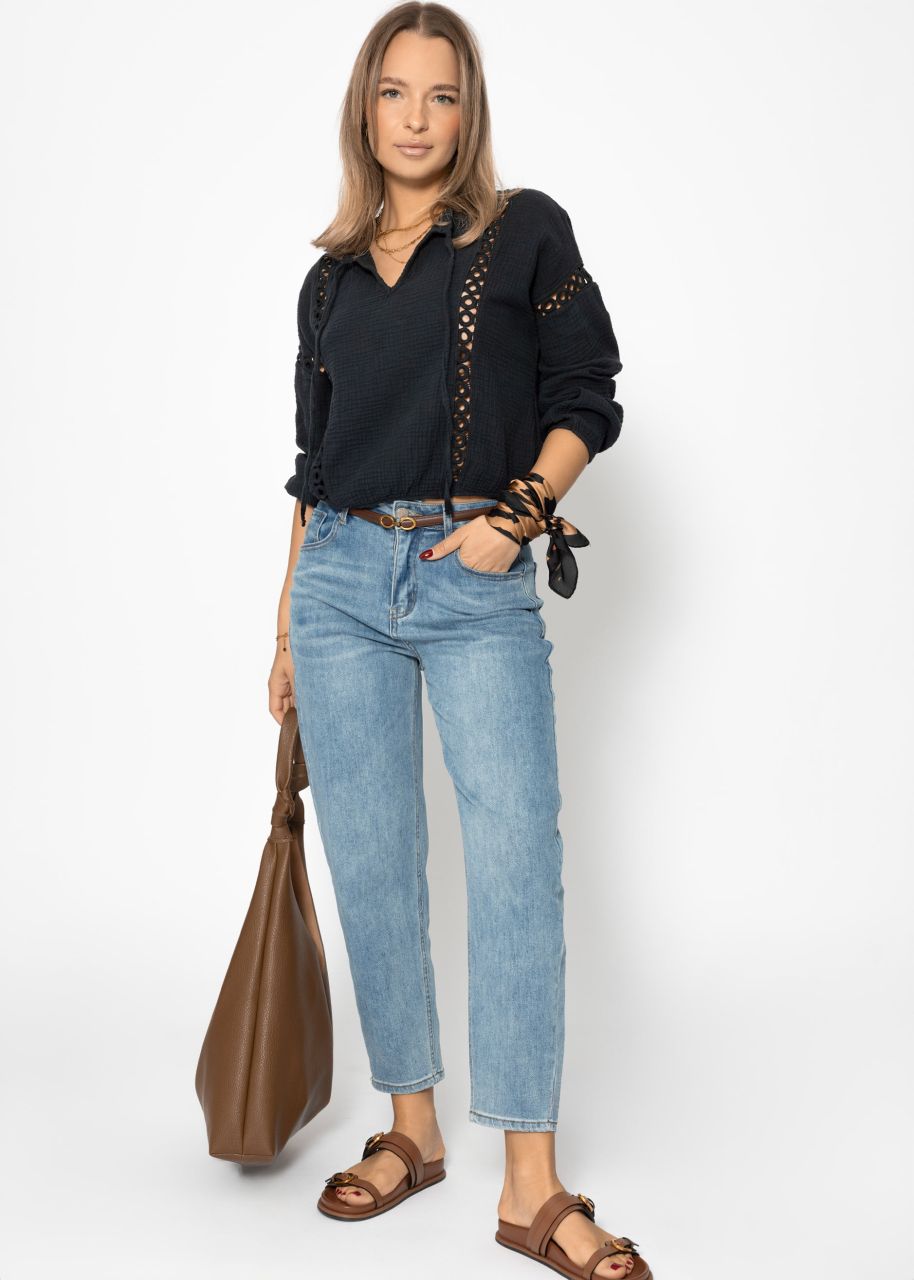 Muslin blouse with lace insert - black