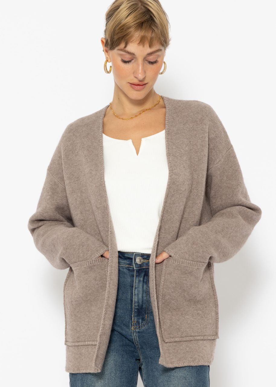 Open cardigan with patch pockets - taupe