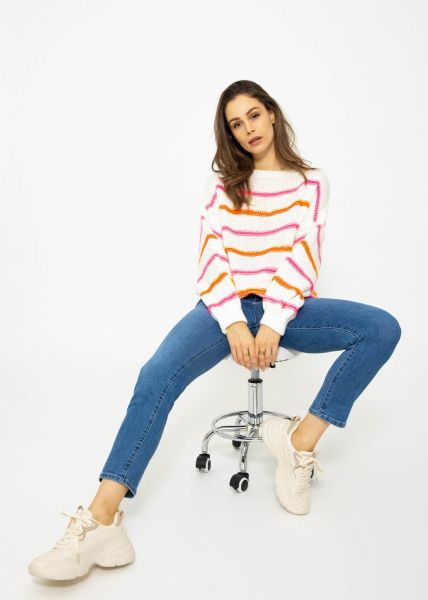 Knitted sweater with colored stripes - offwhite-pink-orange