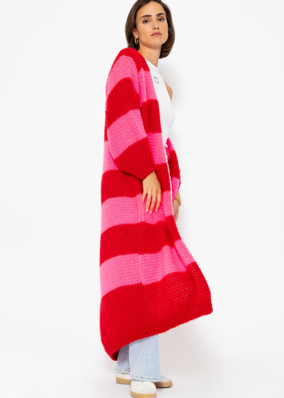 Extra long cardigan with block stripes - red-pink