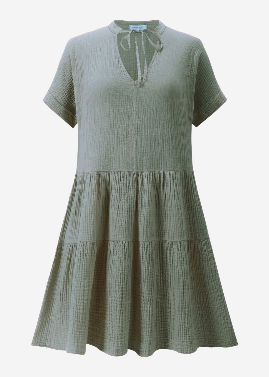 Short muslin dress with flounces - sage green