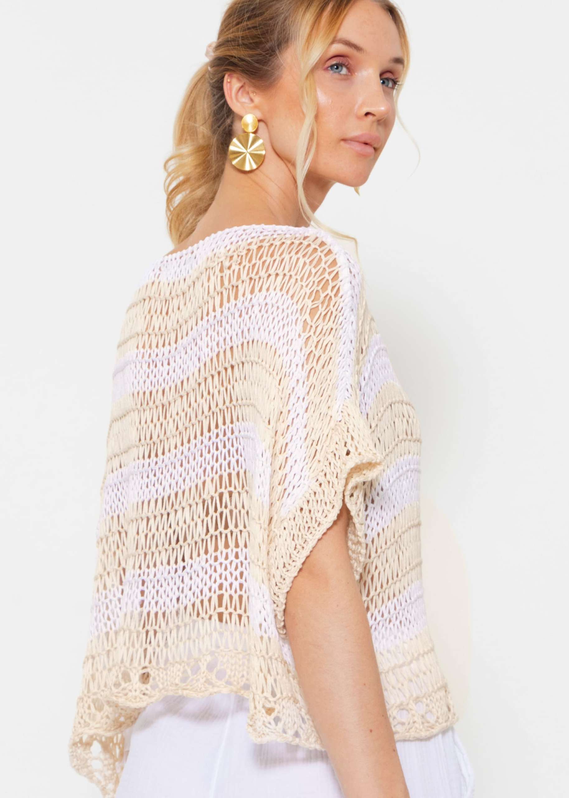 Chunky striped crop jumper - beige and white