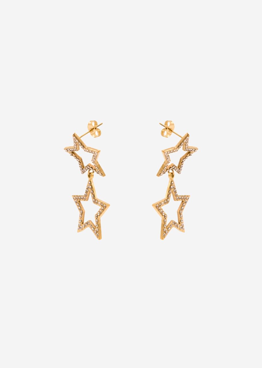 Sparkling stud earrings with star pendant - gold