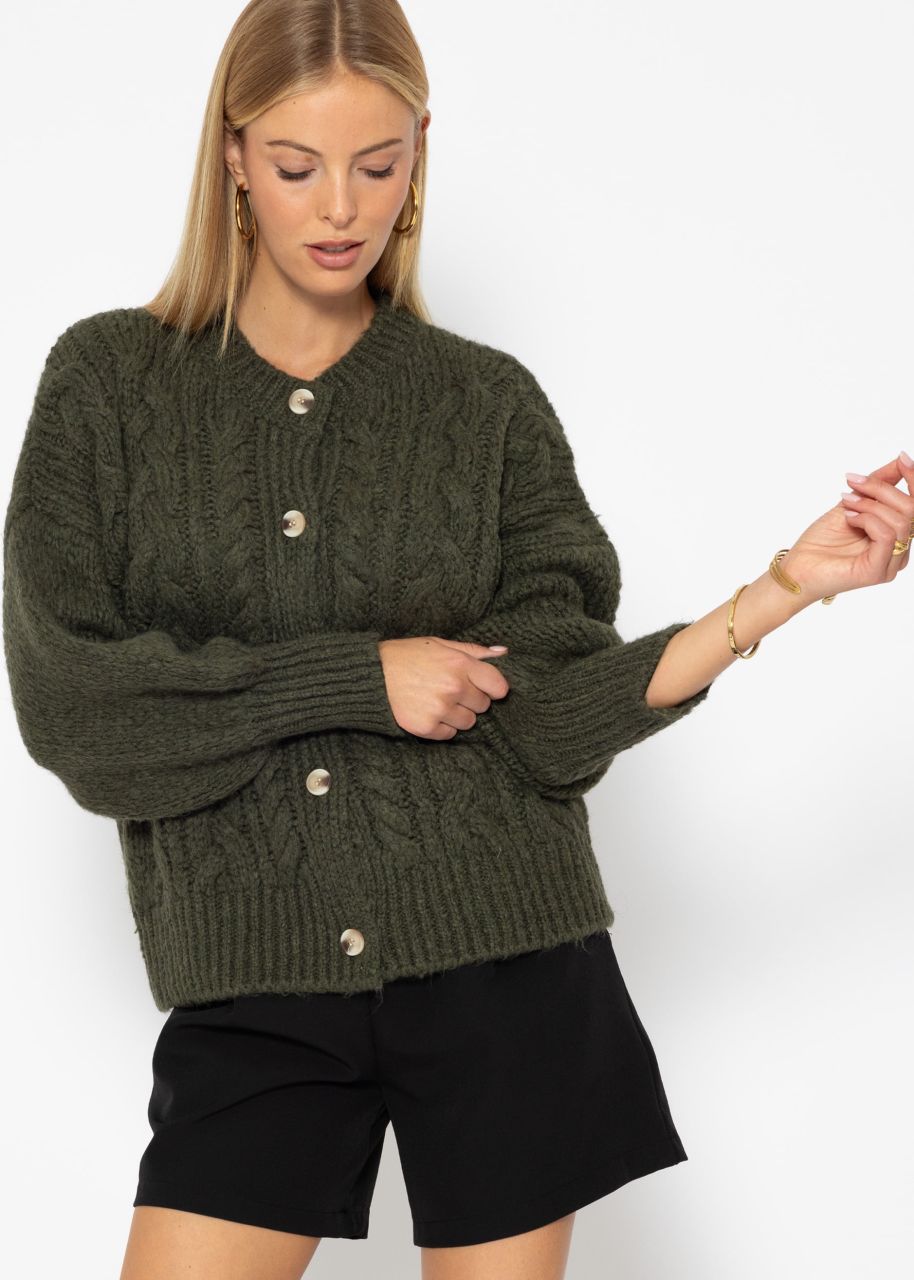 Super fluffy cardigan with cable knit pattern - khaki