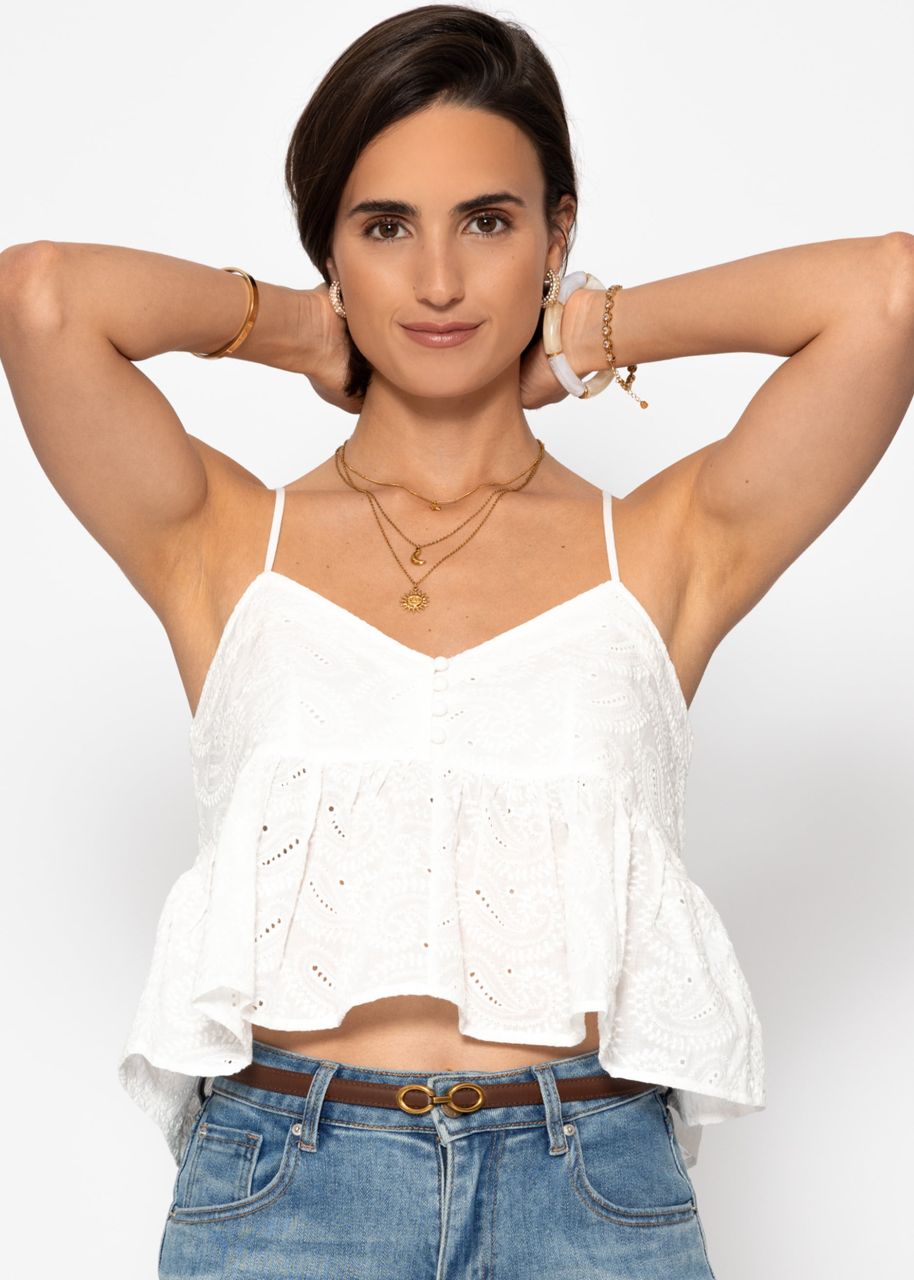 Top with flounce and eyelet embroidery - white