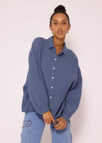 Muslin blouse oversize, short, denim blue