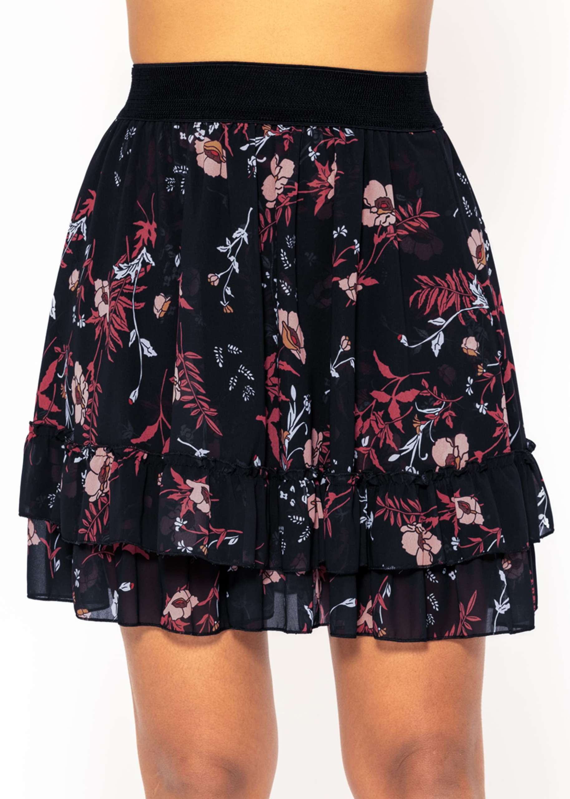 Flounces skirt with ruffles and floral print, black