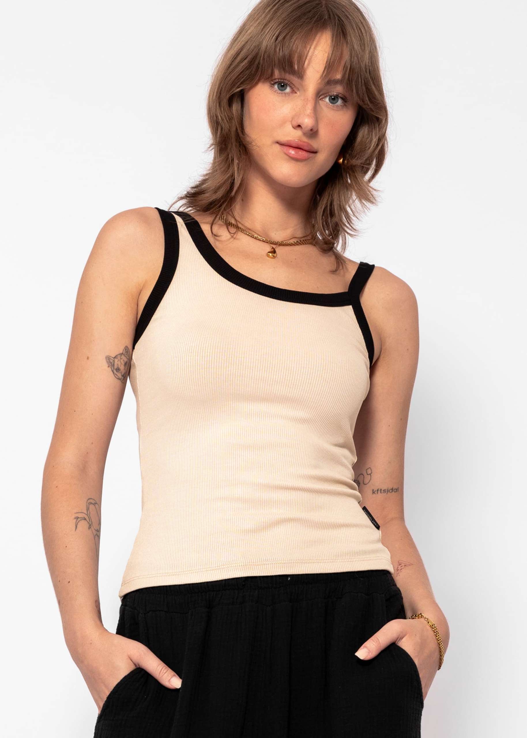 Asymmetric tank top with black trims - beige