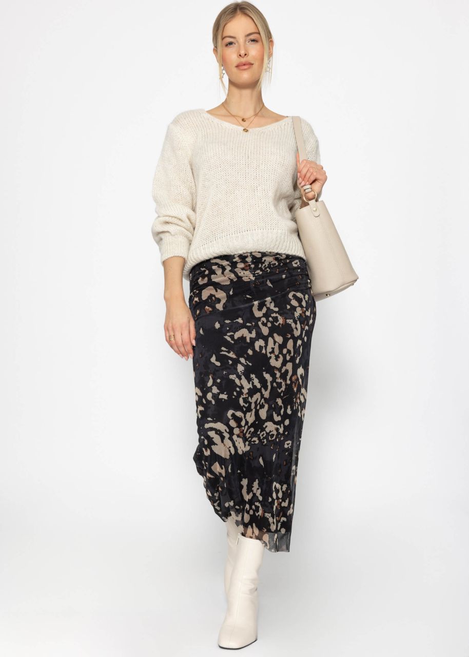 Long mesh skirt with leopard print - black-beige