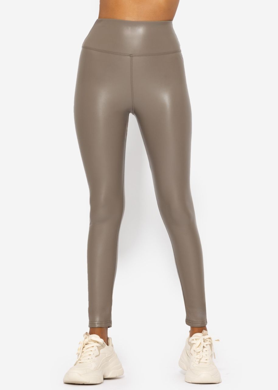 High-rise thermal leather leggings with wide waistband - taupe