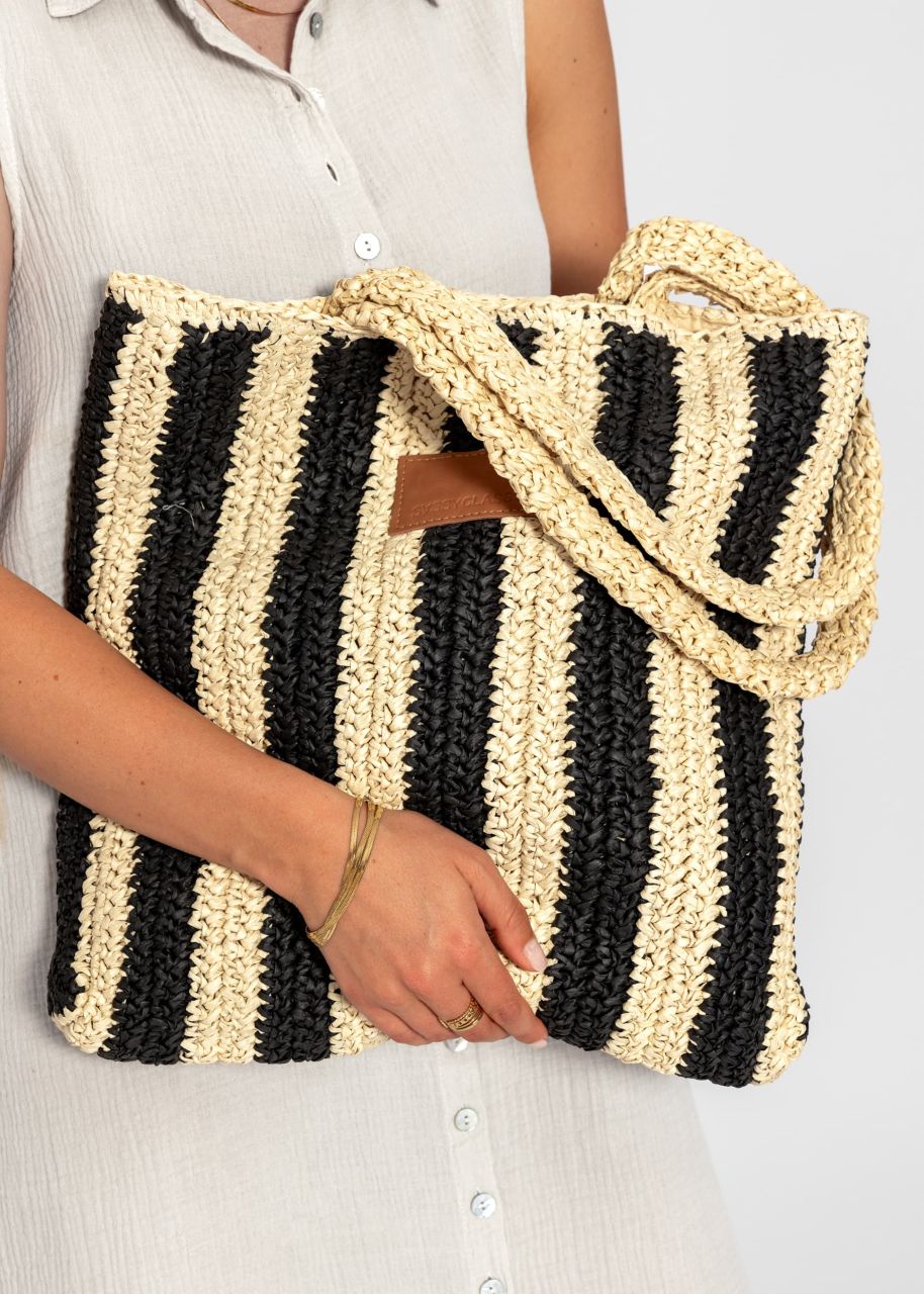 Striped raffia shopper - black