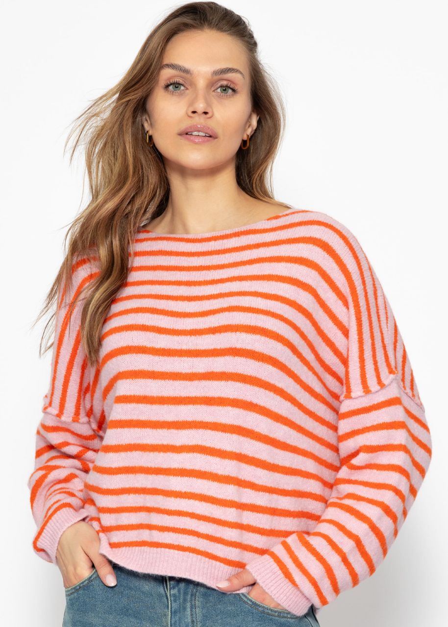 Striped oversized sweater with back seam - pink-orange