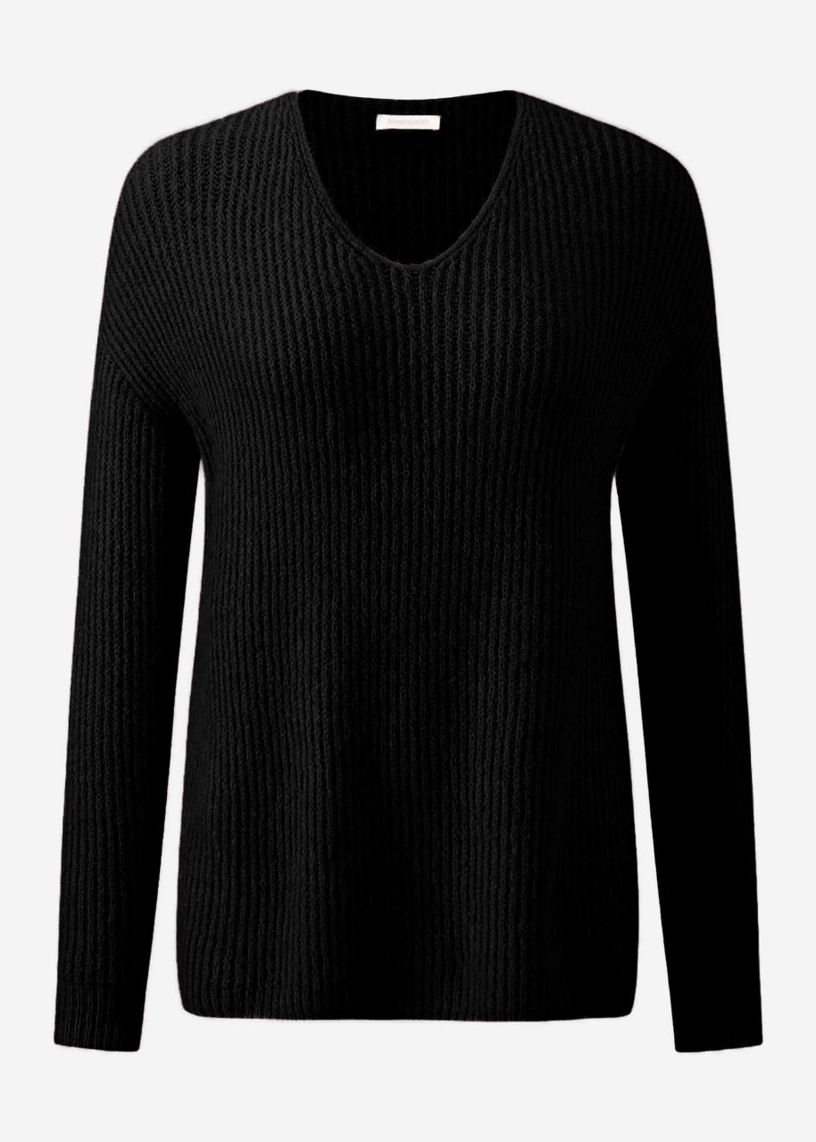 Ribbed jumper with V-neck - black