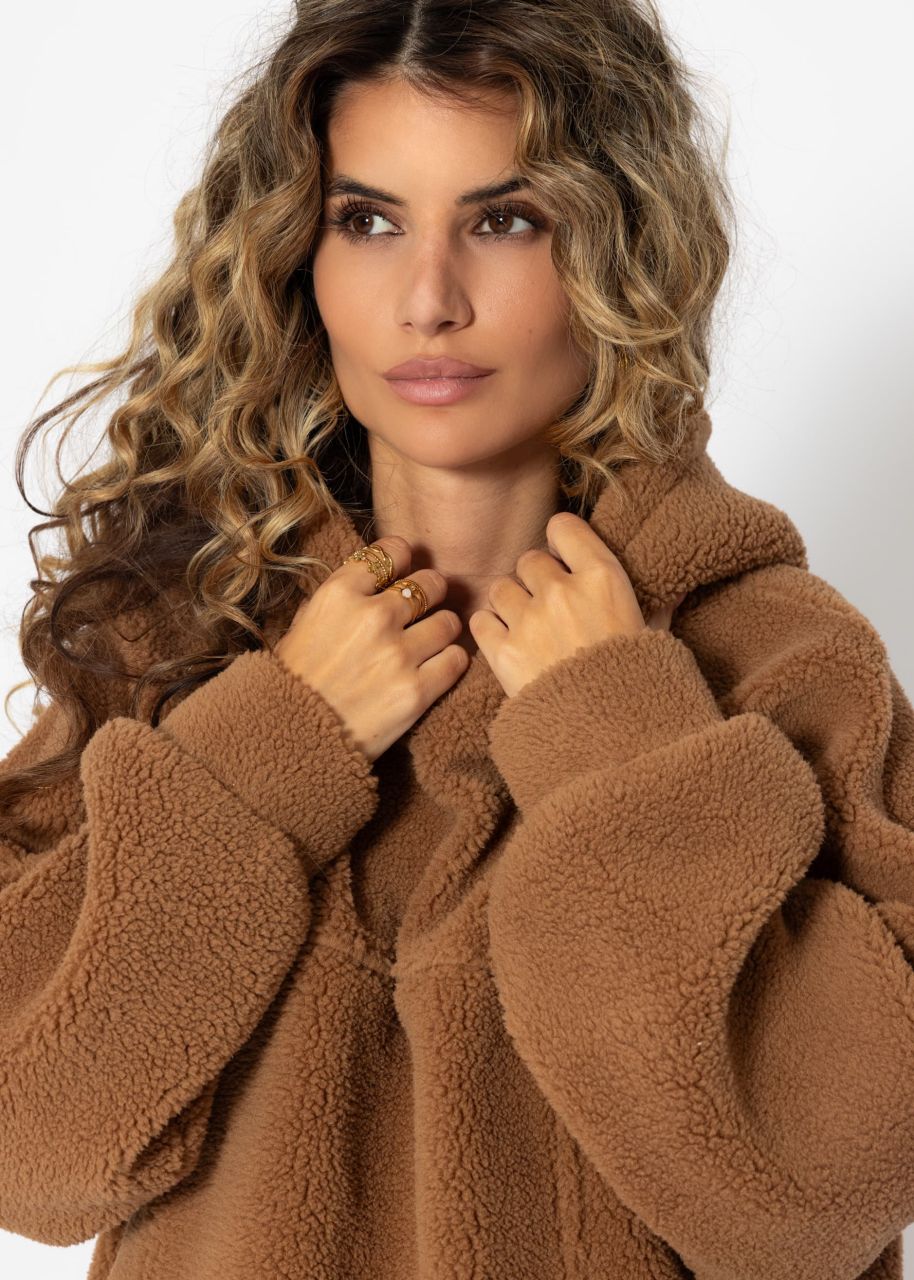 Oversized teddy sweatshirt with hood - camel