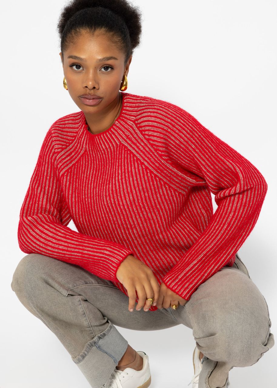 Two-coloured ribbed jumper - red-beige