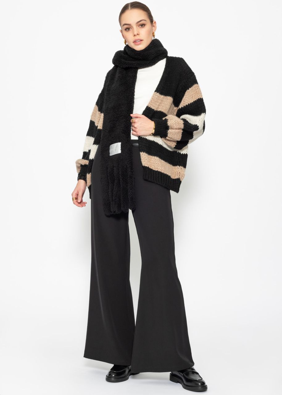 Striped cardigan with balloon sleeves - black-camel-offwhite