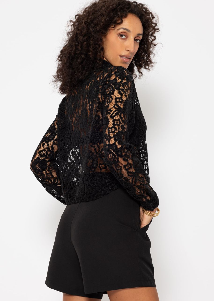 Short lace blouse with velvet effect - black