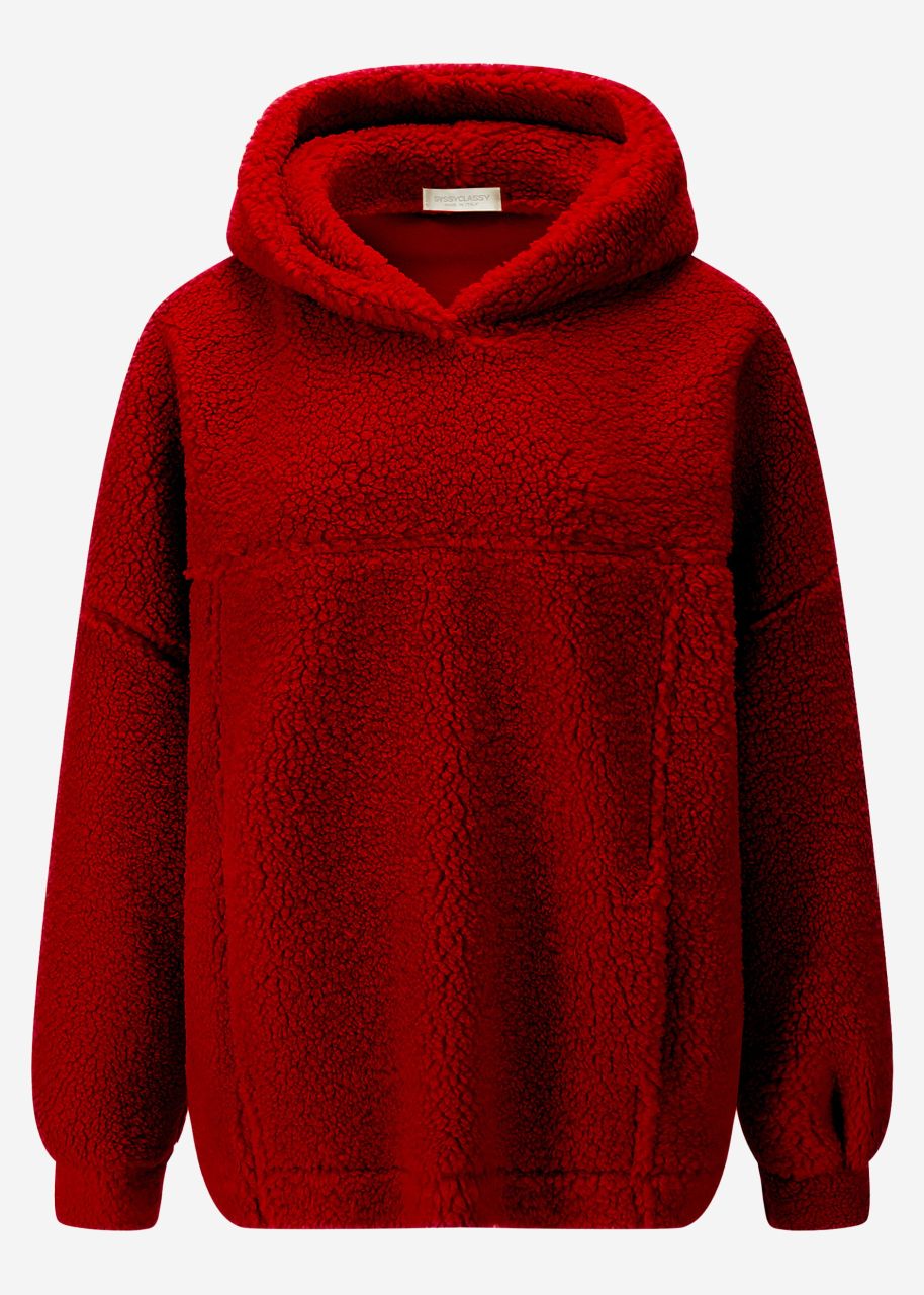 Oversized teddy sweatshirt with hood - wine red