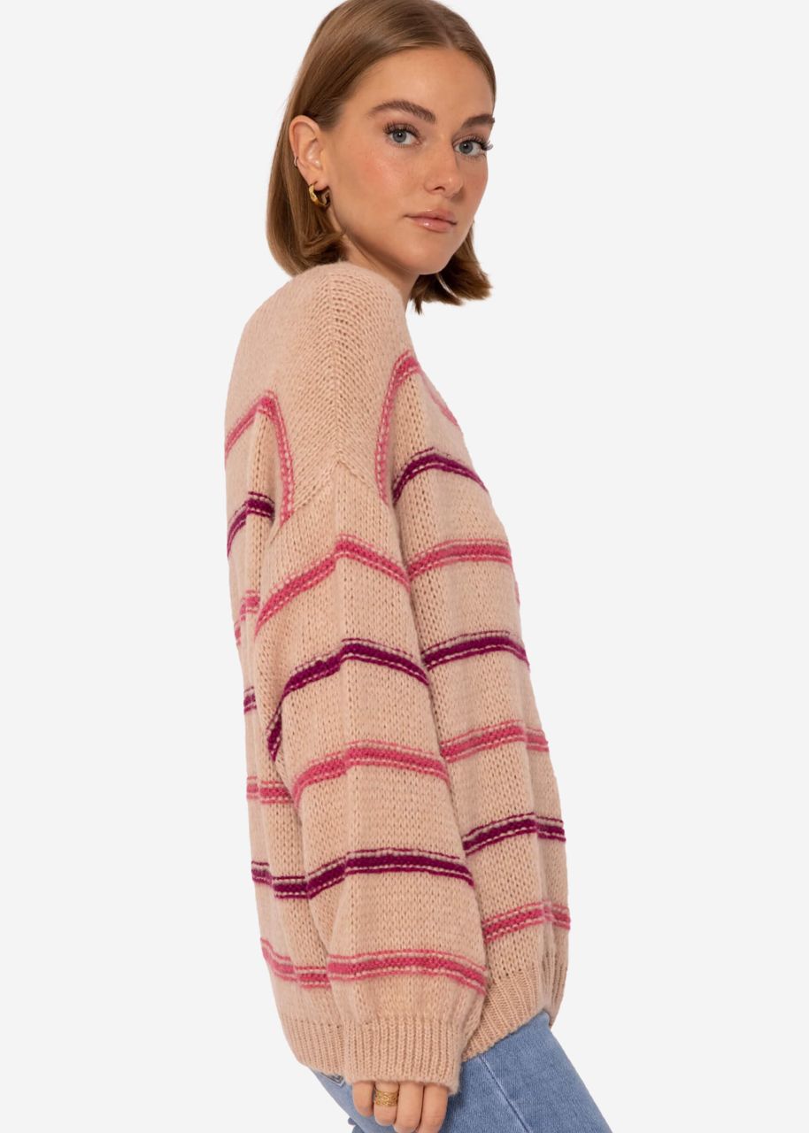 Knitted jumper with coloured stripes - nude-mauve-purple