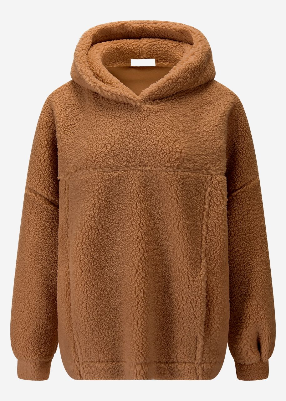 Oversized teddy sweatshirt with hood - camel