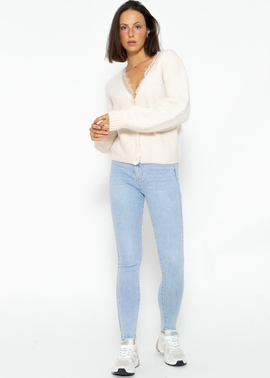 Cardigan with lace neckline - offwhite