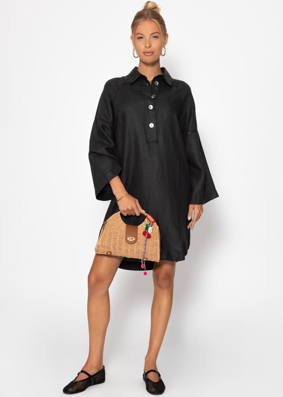 Linen dress with button placket - black