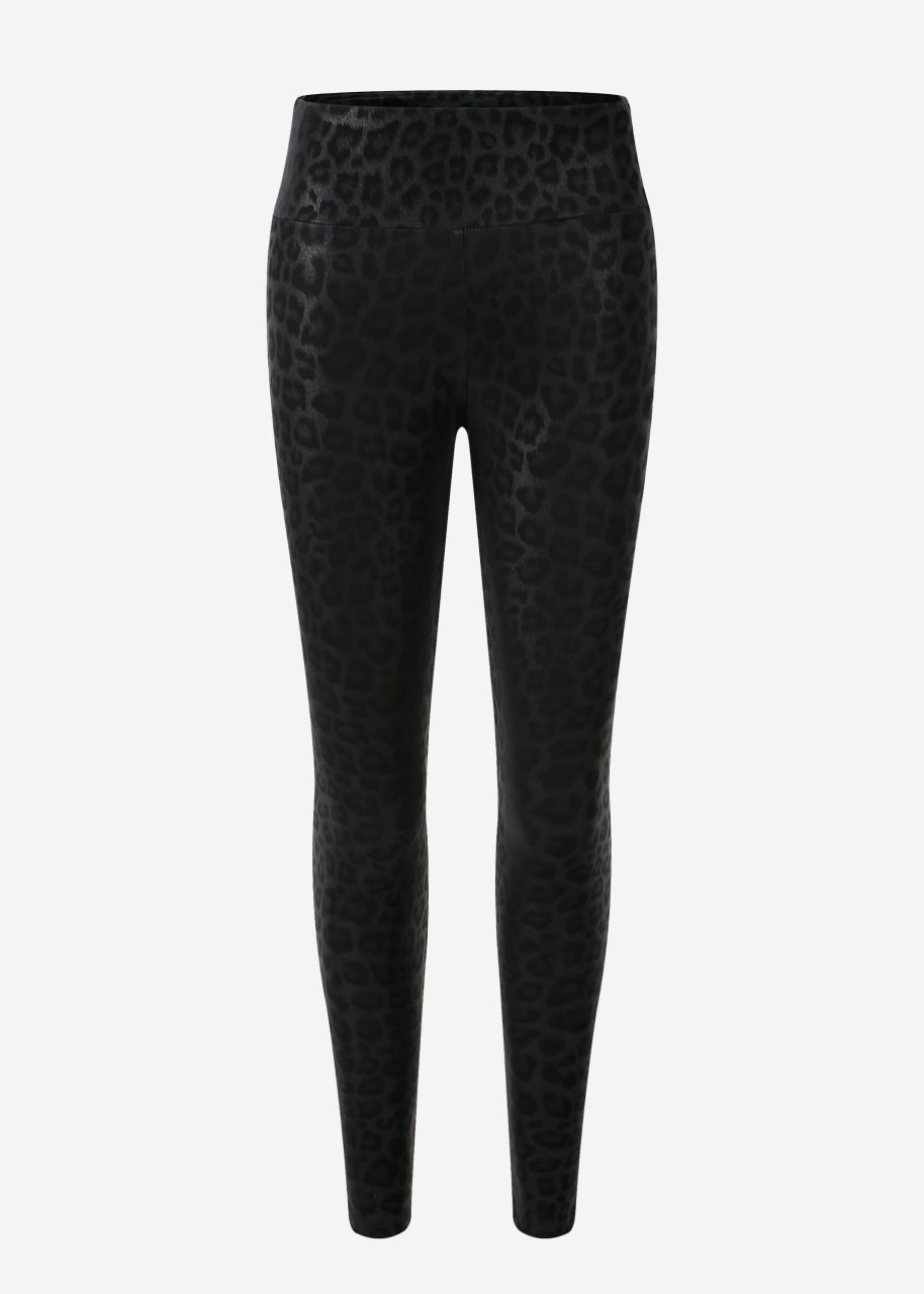 Faux leather leggings with leo print - black