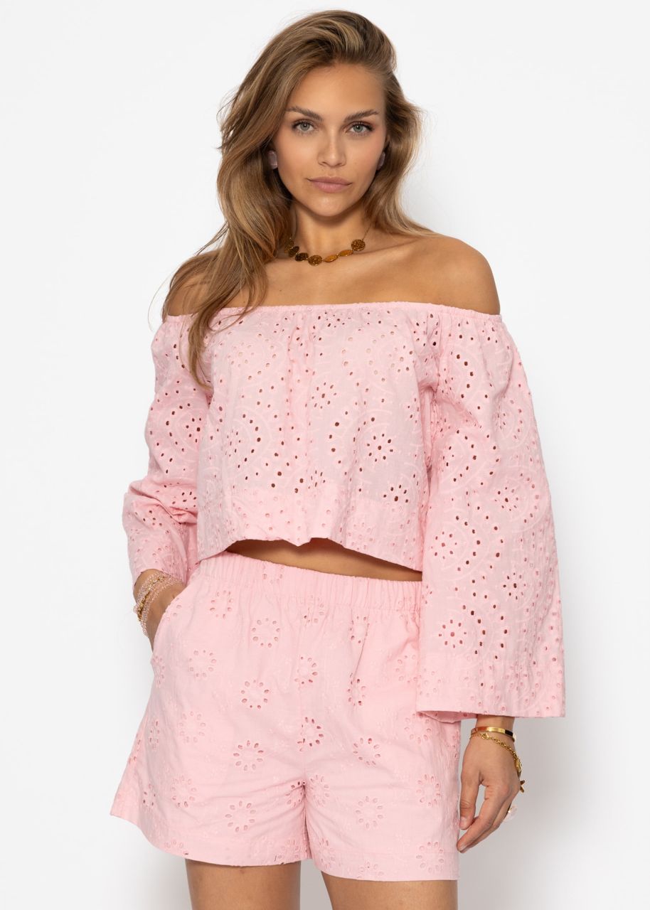Off-the-shoulder long sleeve top with eyelet embroidery - pink