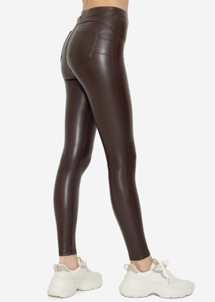 Thermo leather leggings with patch pockets, dark brown