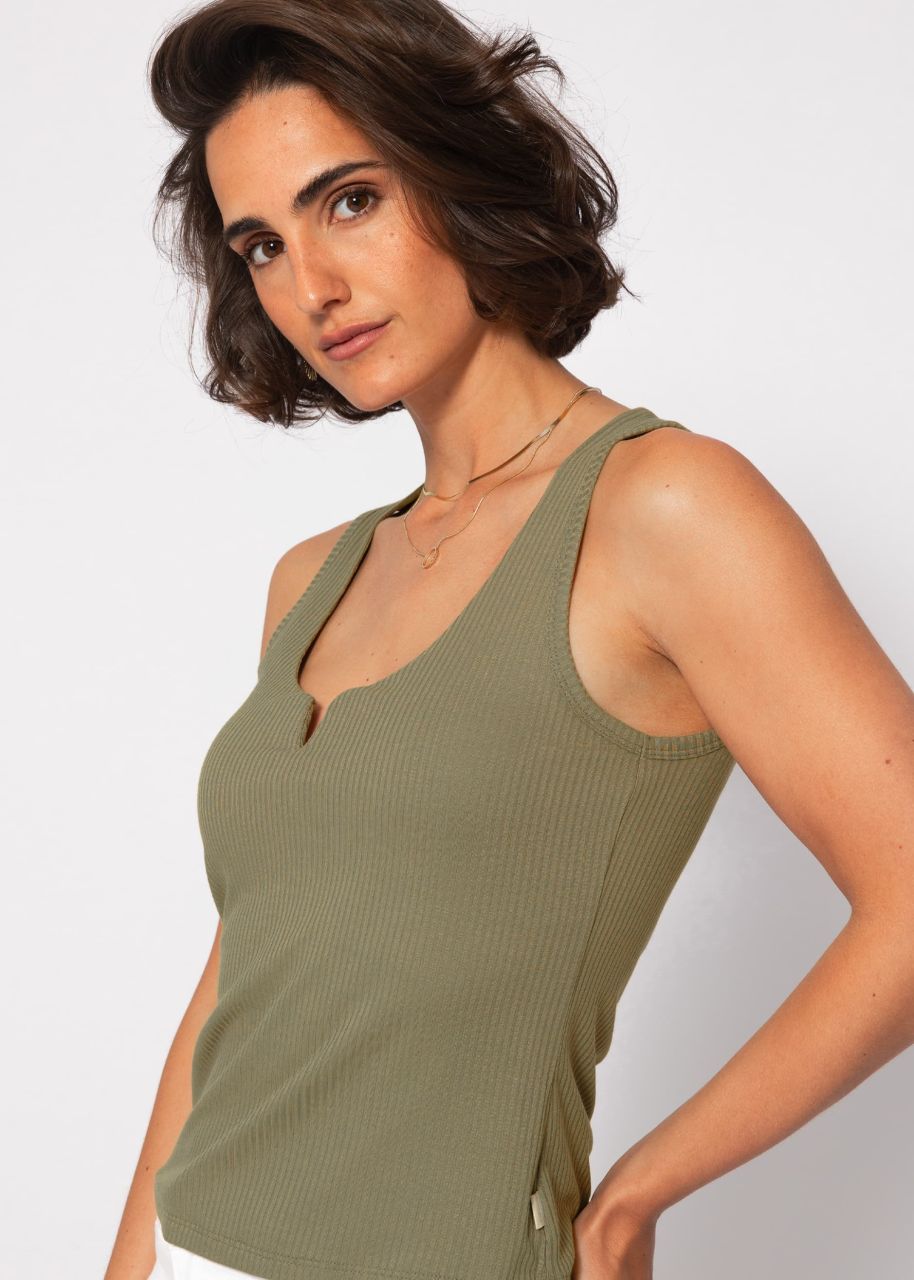 Ribbed top with V-neck - khaki