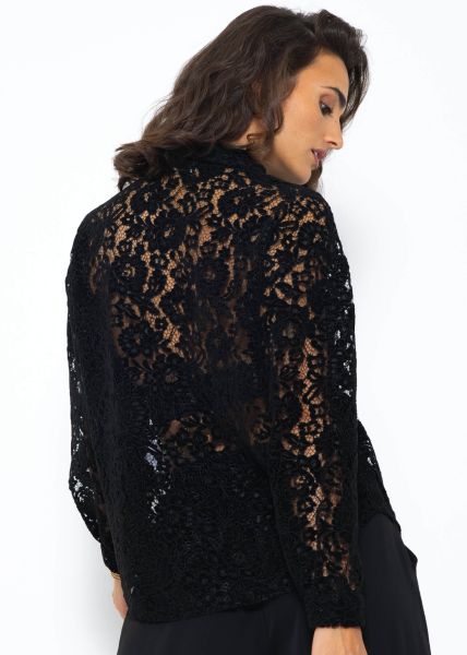 Lace blouse with velvet effect - black
