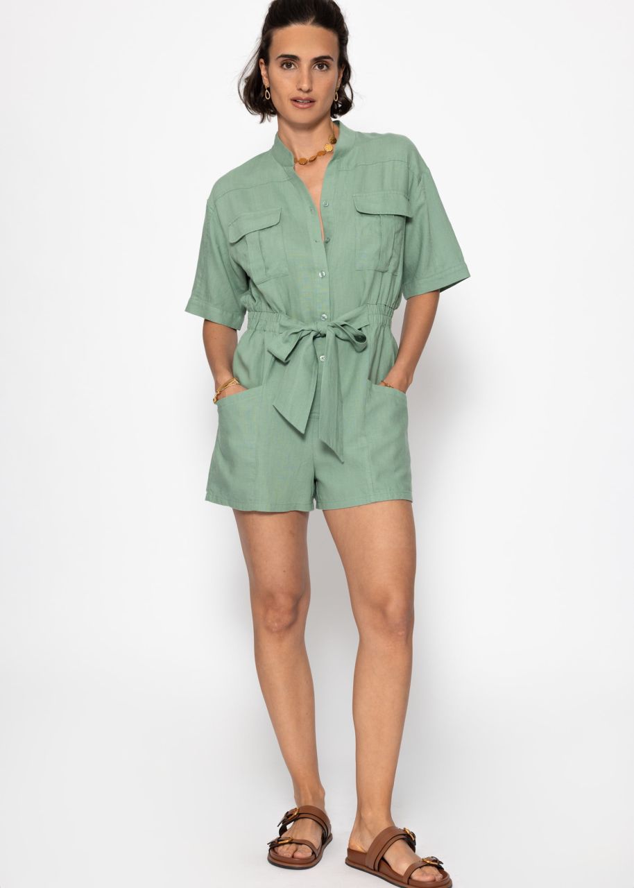 Linen jumpsuit with tie belt - sage green