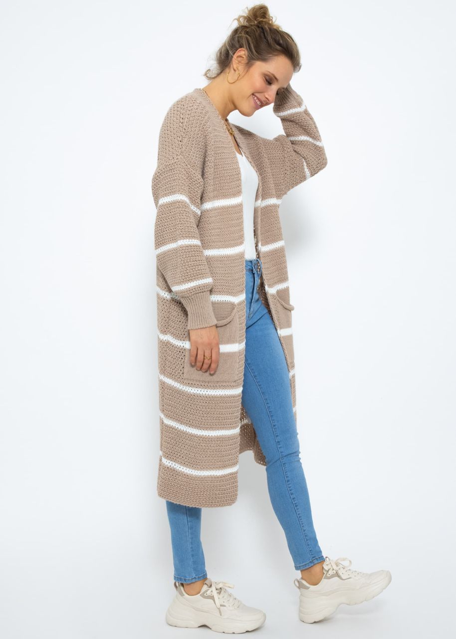 Long cardigan with stripes - beige-offwhite