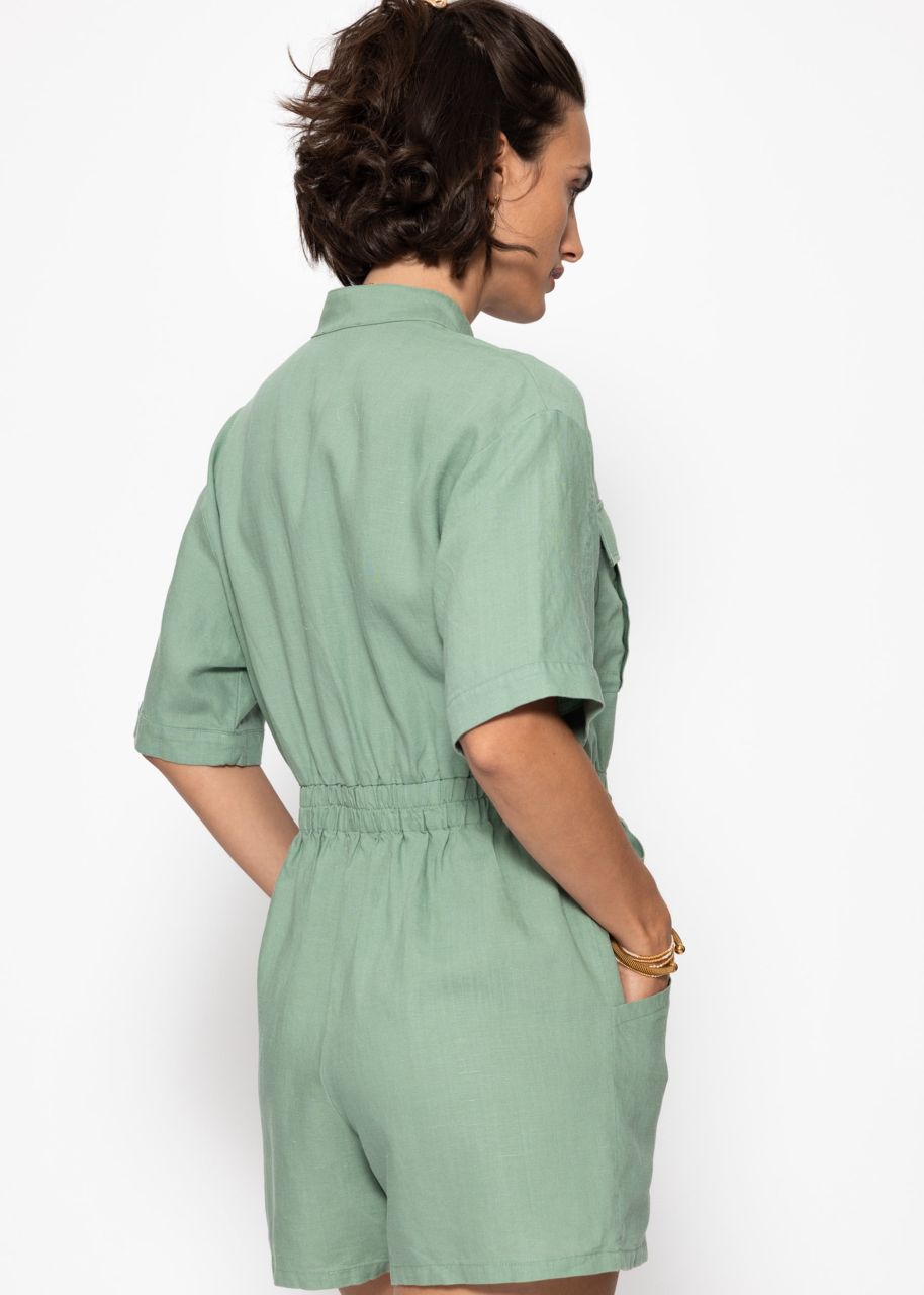Linen jumpsuit with tie belt - sage green