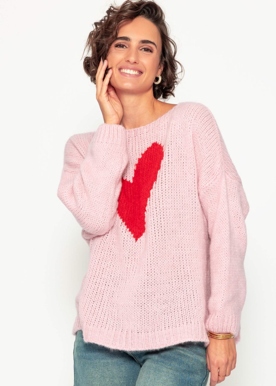 Oversize sweater with red heart - pink