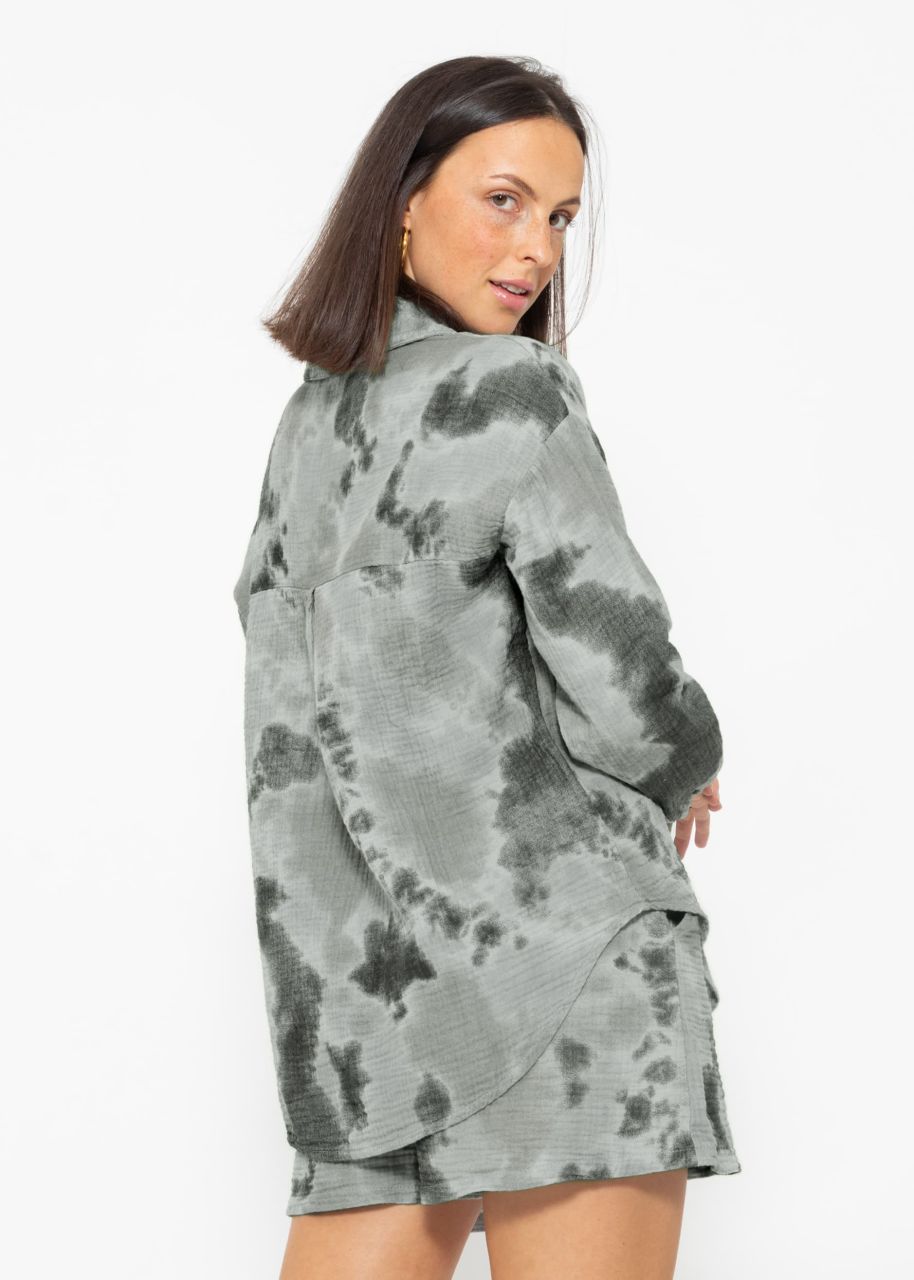 Oversize muslin blouse with print - grey-khaki