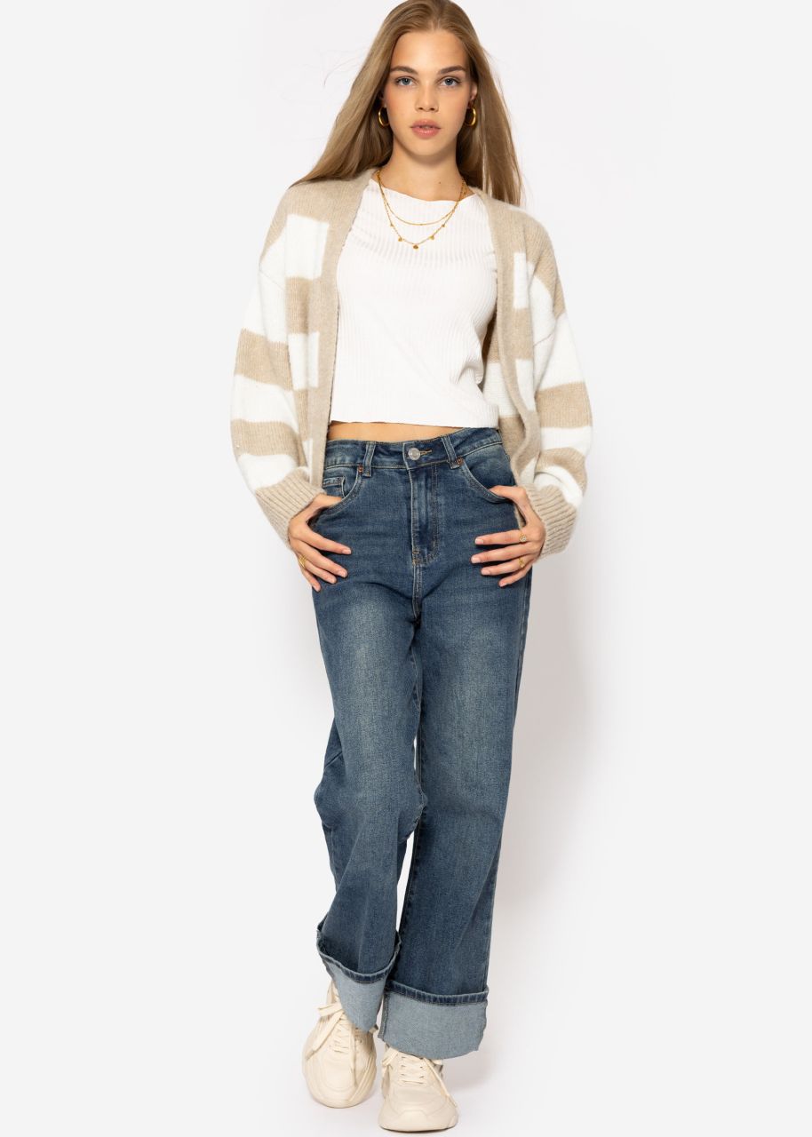 Oversize cardigan with block stripes - beige-offwhite