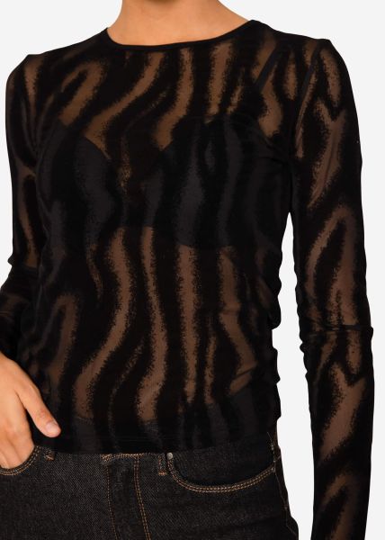Mesh long-sleeved shirt with flocking - black