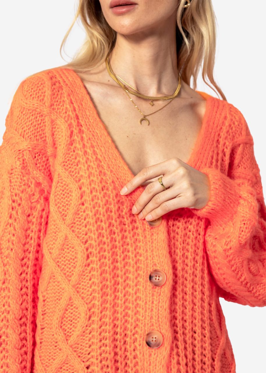 Oversized cardigan with cable knit pattern - tangerine