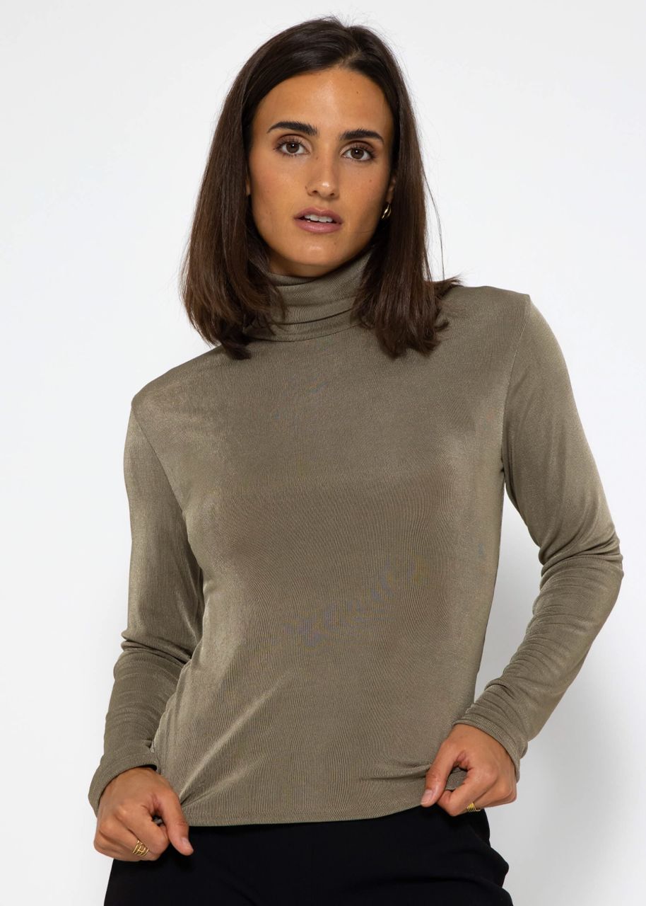 Flowing long-sleeved shirt with turtleneck and back cut-out - khaki