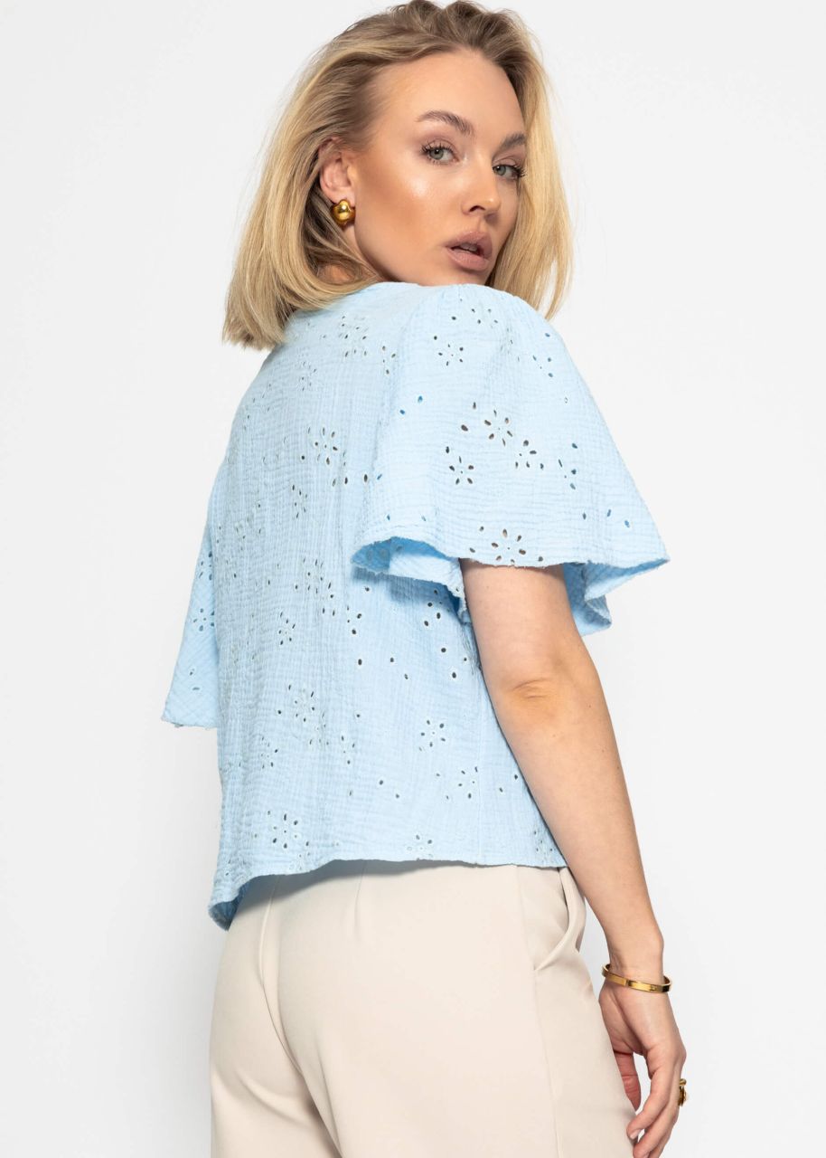 Muslin tie-up blouse with eyelet embroidery - light blue