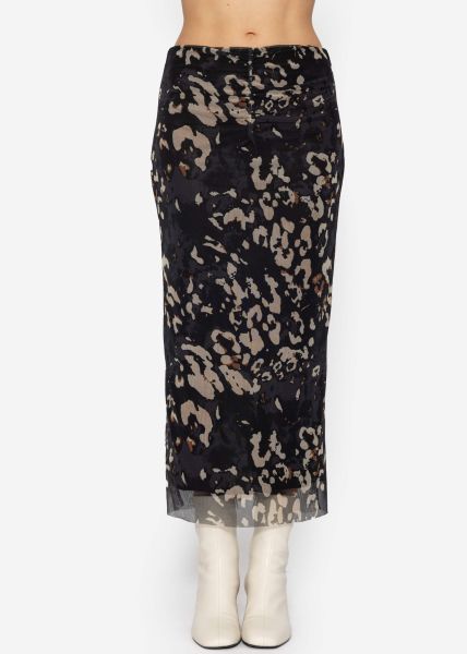 Long mesh skirt with leopard print - black-beige