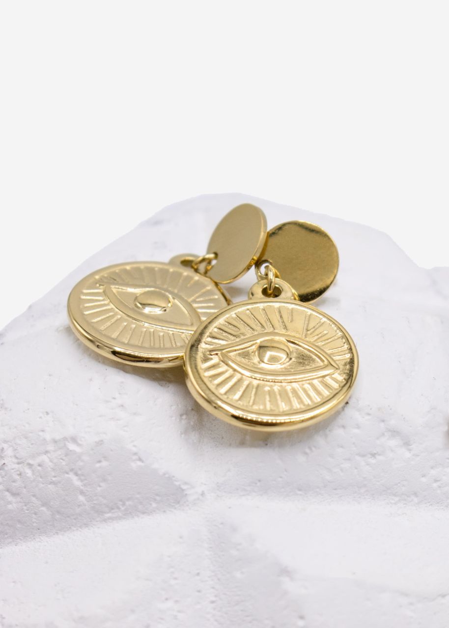 Stud earrings with hanging round pendant, gold