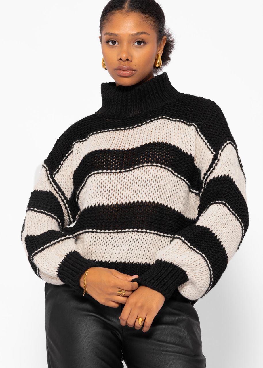 Turtleneck jumper with stripes - black-beige