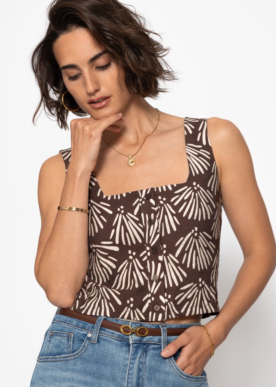 Top with button placket and shell print - brown