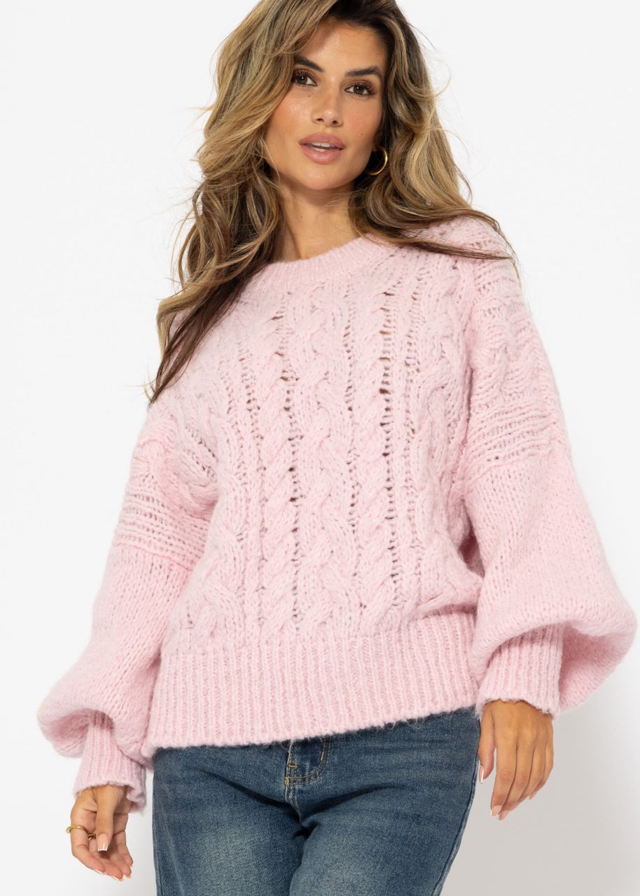 Super fluffy jumper with cable knit pattern - pink