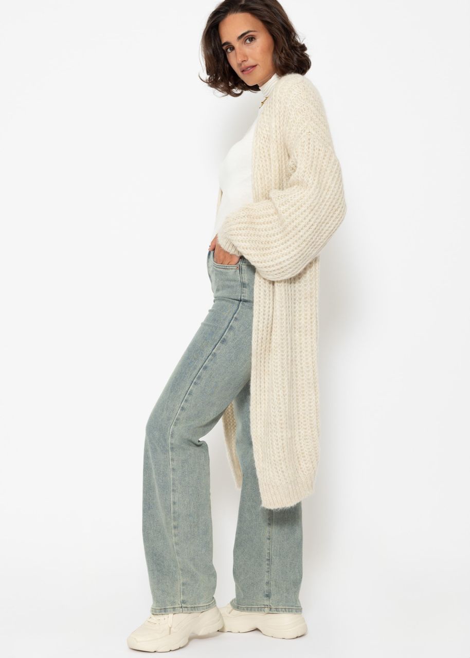 Ribbed long cardigan with balloon sleeves - beige