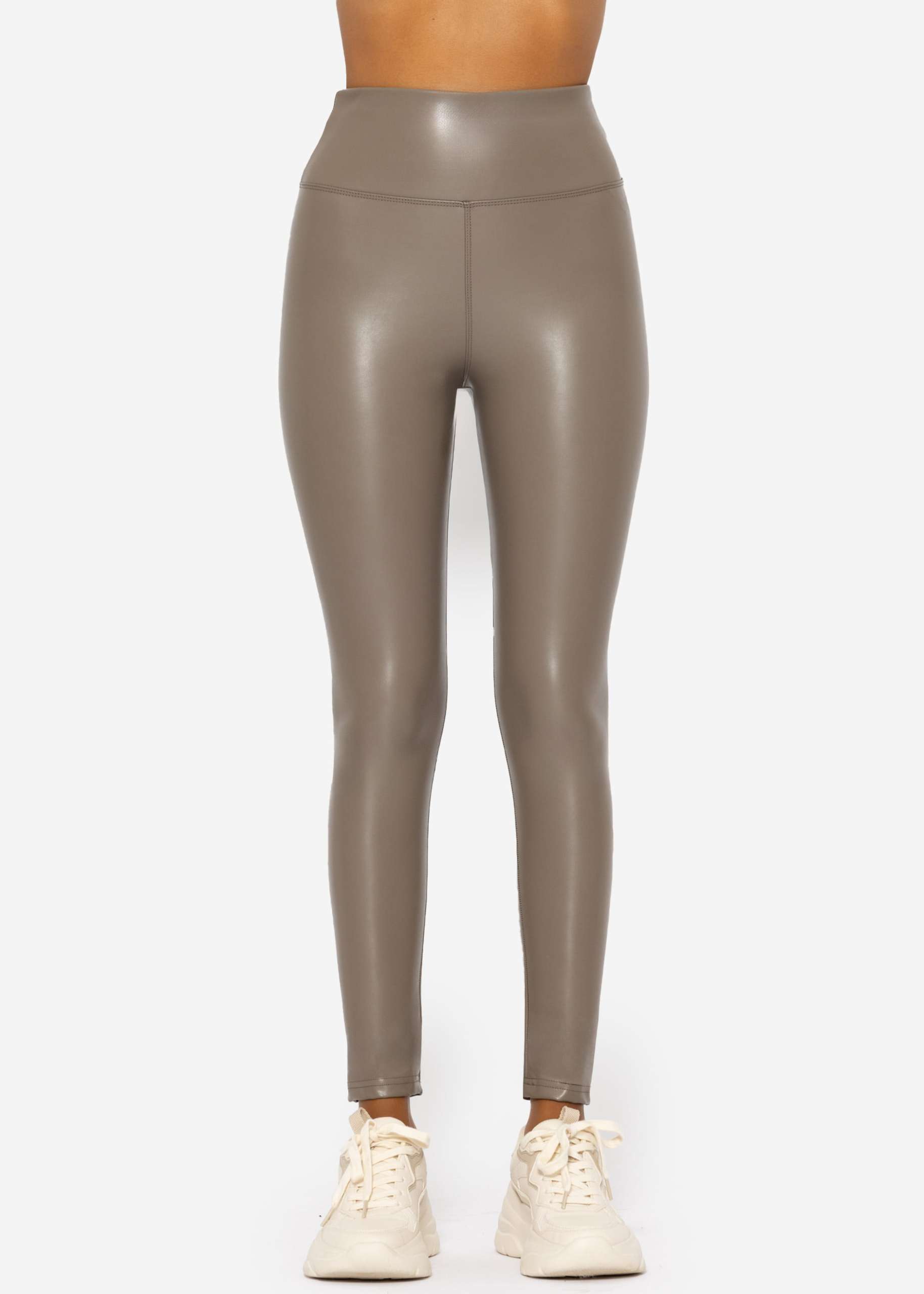 High-rise thermal leather leggings with wide waistband - taupe