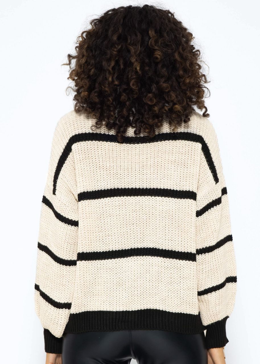 Striped turtleneck jumper - light beige-black